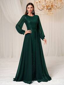 YISIKADO Đầm dạ hội dự tiệc trang trọng cho nữ, Đầm dài tay bằng vải chiffon sequin sang trọng thanh lịch - Màu xanh lá cây đậm - Xem 6