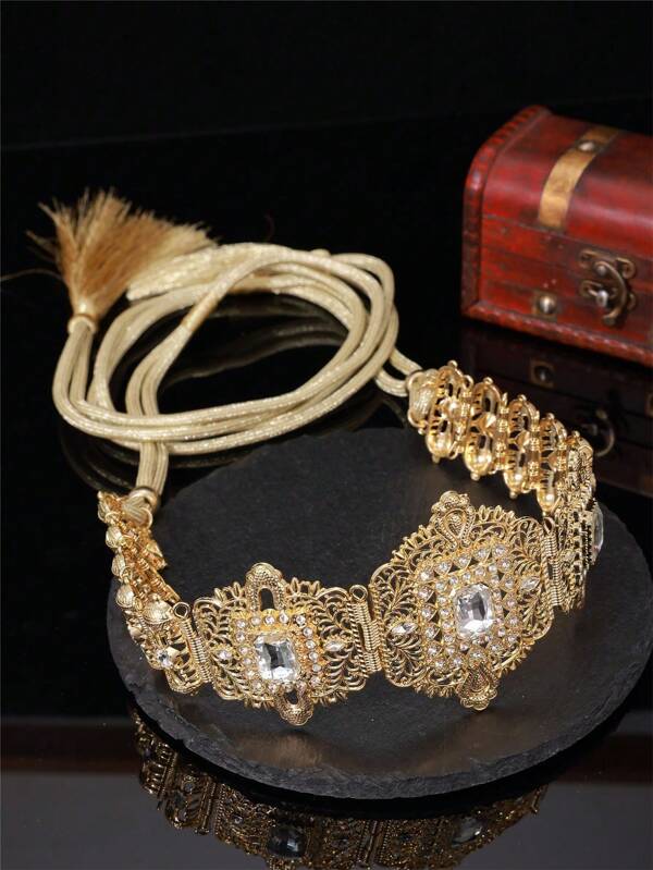 1pc Moroccan Style Gold Metal Waist Belt With Square Gemstone Rhinestone Decor, Women Wedding Accessory
