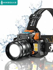 HIKEGUYS LED 头灯可充电，大功率头灯 3000 流明传感器头灯 7 种模式可调节头带手电筒带 COB 红蓝灯适用于成人户外跑步徒步露营，露营配件 - 黑色 - 查看 1