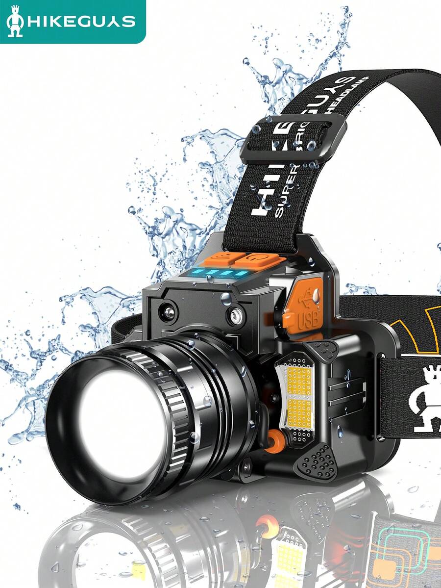 HIKEGUYS LED 头灯可充电，大功率头灯 3000 流明传感器头灯 7 种模式可调节头带手电筒带 COB 红蓝灯适用于成人户外跑步徒步露营，露营配件 - 黑色 - 查看 1