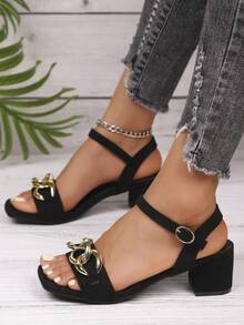 Plus Size Women Elegant Solid Color Bohemian Metal Chain One-Buckle Suede Open Toe Thick Heel Sandals, Versatile Comfortable Non-Slip For Banquet, Wedding, Daily, Party, Roman Style High Heel Sandals - Black - View 2
