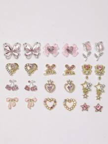 24 Nail Accessories, Y2k Alloy Nail Art Rhinestone Accessories, 3D Heart-Shaped Star Bow Rhinestone Cherry Nail, Gemstone Shiny Jewelry, Nail Decoration Accessories And Supplies