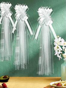 10/6/4 Set White Wedding Bench Bow Snow Organza Hand-Pulled Flower Wedding Decoration Wedding Hall Aisle Decoration Bow Tulle Curtain (Manual Assembly) For Church Aisle, Bridal Shower And Anniversary Decoration - White - View 4