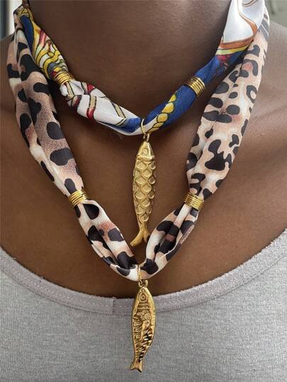 Stainless Steel Fish & Starfish Pendant Necklace With Leopard Print Scarf Chain, Beach Resort Wear