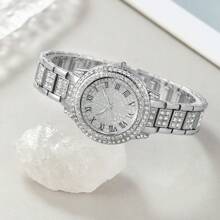 Relógio feminino moderno com 6 peças, escala romana, mostrador, strass, quartzo, ponteiros redondos, relógios femininos e acessórios de joias, colar, pulseira, brincos, conjunto de anéis, festa, casamento, presente, praia, férias, presente de dia dos namorados