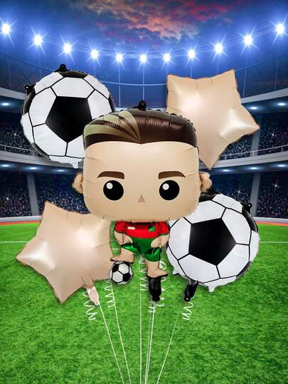 Set de 5 globos de fiesta de cumpleaños de fútbol, incluye globos de papel de aluminio de fútbol de 18 pulgadas, globos de estrella, adecuado para partido de fútbol, decoración de fiesta de cumpleaños, fiesta temática de fútbol, decoración del hogar