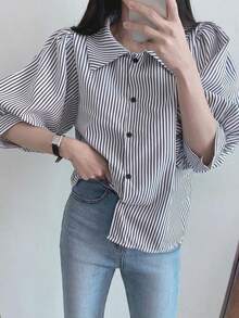 Las mujeres de la vendimia de cinco cuartos de manga camisa a rayas camisa de verano versátil cinco camisa de manga corta - Negro - Ver 5