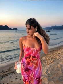 Plus Size Women Floral Print Backless Wrap Front Beach Holiday Midi Dress - Multicolor - View 3