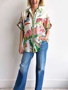 Women's Linen Shirt With Unique Graffiti Print, Single-Breasted Multi-Button Design