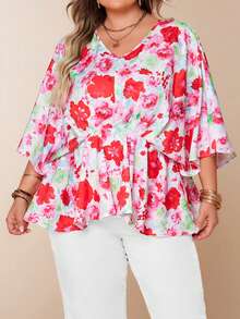 Plus Size Women Floral Print V-Neck Drawstring Waist Ruffle Hem Casual Vacation Top, Summer - Red and White - View 1