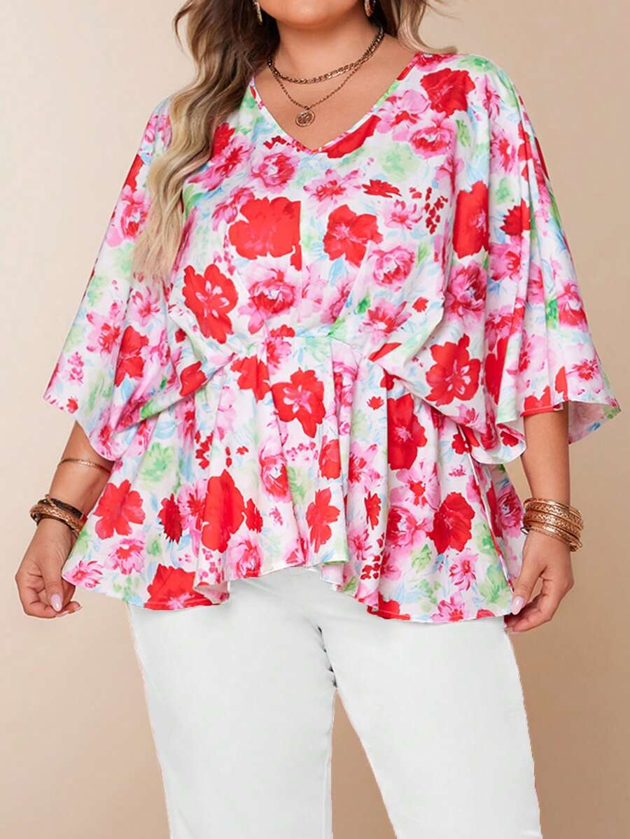 Plus Size Women Floral Print V-Neck Drawstring Waist Ruffle Hem Casual Vacation Top, Summer - Red and White - View 1