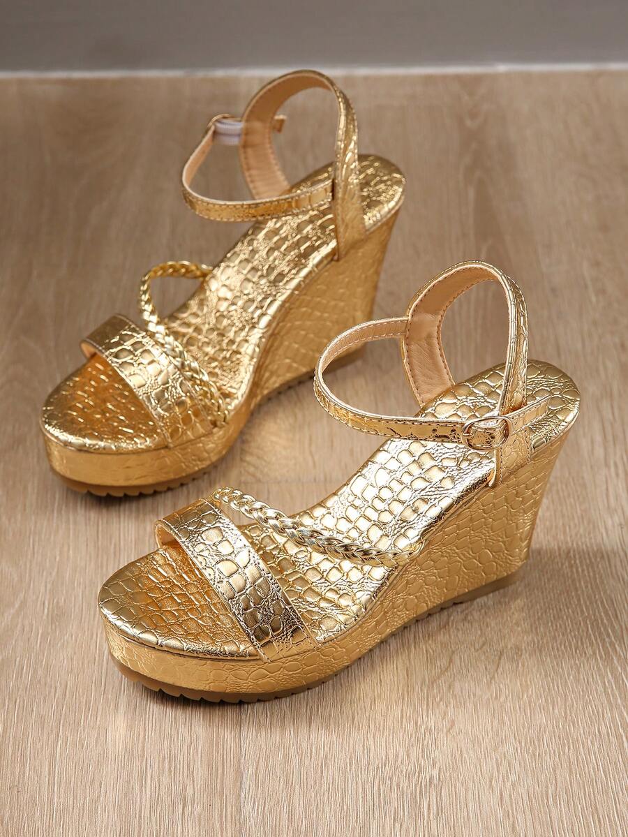 New Round Toe Beach High Heels, Solid Color Bohemian Fashion Woven Texture Metallic Women Shoes,Suitable For Vacation/Outdoor, All Season - Gold - View 1