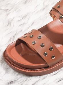 Women's Summer Outdoor Casual Shoes, Beach Shoes, House Slippers, Indoor Slides, Punk Style Rivet Embellished Sandals - Brown - View 9
