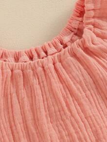 Ropa de bebé niña y niño de verano de algodón y lino - Pelele básico liso con volantes sin mangas, cómodo pelele para recién nacidos - Rosa - Ver 3