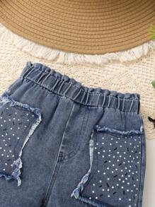 Set de 2 piezas elegante y de moda para niñas - Top de chaleco con volantes de unicolor y pantalones cortos vaqueros con parche decorativo de cintura elástica, adecuado para vacaciones, fiestas, uso casual y diario