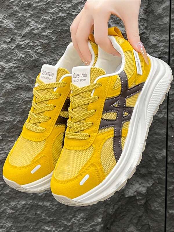 Fashion Color Block Women Sports Shoes, Mesh Material Breathable, Thick Sole Design Comfortable & Shock-Absorbing, Suitable For Daily Wear And Sports