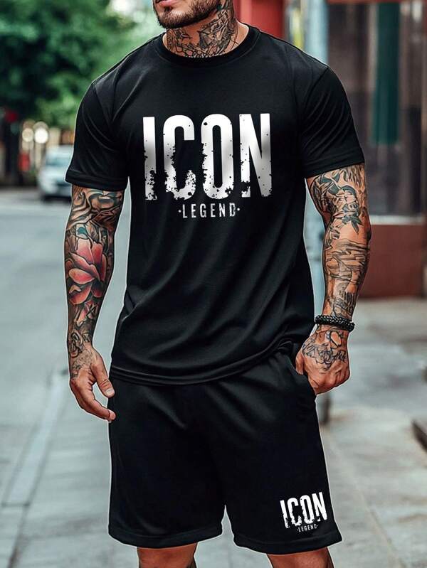 2 pezzi Set estivo casual da uomo - T-shirt a maniche corte e pantaloncini con coulisse, con maglietta da palestra a girocollo per allenamento, versatile e comoda, top sportivo attivo per bodybuilding, stile casual del fidanzato, con stampa di lettere e grafiche, vestibilità regolare, design con tasche