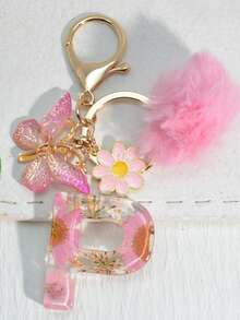 1 件英文字母干花树脂钥匙扣，带蝴蝶、流苏和绒球装饰，时尚钥匙圈礼物，送给妈妈、最好的朋友汽车配件包饰学校可爱哥特 Y2k 包配件挂绳带身份证夹汽车配件包饰 - 淺粉色 - 查看 25