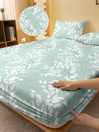 1pc Modern Minimalist Green Leaf Print Brushed Fitted Sheet, Bedroom Bedding Set - Printed Bed Cover, Mattress Cover, Mattress Protector, Cover (Excluding Pillowcase)