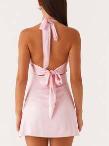 Women Y2k Halter Back Tie Up Bow Formal Mini Dress Cute Floral Backless Silk Satin Beach Vacation Short Dresses Summer Club Party Night Sundress - 粉色 - 查看 5