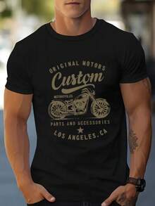 Men's Vintage Motorcycle Graphic T-Shirt - 100% Cotton Soft Breathable Casual Round Neck Tee With Motorcycle Design (Chopper,, California) - Beige With Blue Motorcycle Print For Biker Enthusiasts, Summer Outdoor & Casual Attire, Machine Washable, Relaxed Fit, Geometric Pattern, Ideal For Motorcycle Riding & Casual Outings, Stylish Men's Apparel - Black - View 2