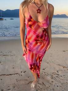 Plus Size Women Floral Print Backless Wrap Front Beach Holiday Midi Dress - Multicolor - View 2