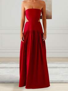 Women's Strapless Dress Stylish Solid Red Side Hollow Out Sleeveless A Line Tube Long Dress - 紅色 - 查看 6