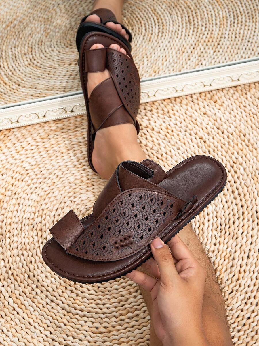 男士平底舒适阿拉伯风格拖鞋，中东男士凉鞋，黑色拖鞋 - 咖啡棕 - 查看 1