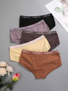 FINETOO 5 件女士纯色字母印花松紧带舒适简约比基尼内裤 - 彩色 - 查看 2