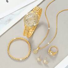 7pcs Women's Watches Fashion Digital Scale Dial Rhinestone Quartz Watch Round Hands Women's Watches & Jewelry Accessories Rhinestone Necklace Bracelet Earrings Ring Set Party Wedding Gift Beach Vacation Valentine Gift