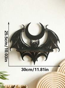 1pc Boho Bat - Wing Shaped Wall Shelf With Crescent Moon Design, Gothic Decorative Wall Shelf For Home, Witchy - Themed Crystal And Candle Display Shelf, Handmade Black Metal And Wood Wall Accent, Eclectic Home Decor For Bedroom, Living Room