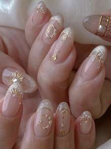 24pcs Boho Press On Nails Star Moon Fake Nails Short Almond Shape False Nails Manicure Set Includes 1sheet Adhesive Tabs & 1pc Mini File Perfect For Everyday Wvear