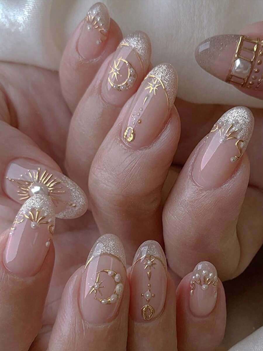 24pcs Boho Press On Nails Star Moon Fake Nails Short Almond Shape False Nails Manicure Set Includes 1sheet Adhesive Tabs & 1pc Mini File Perfect For Everyday Wvear