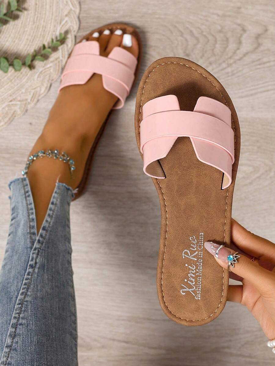 Giày sandal đế bệt kiểu Hàn Quốc cho nữ, Giày sandal La Mã dệt hở mũi mùa hè, Giày đế bệt thời trang thoải mái để mặc với váy, đi biển và quanh nhà, Màu nâu - Hồng - Xem 1