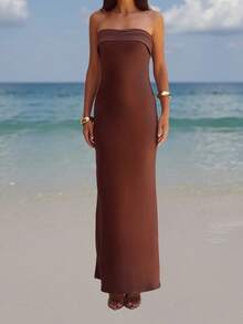Satin Silk Strapless Maxi Dress For Women Off Shoulder Backless Elegant Tube Top Long Dresses Wedding Guest Formal Bodycon Dress - 深棕 - 查看 3
