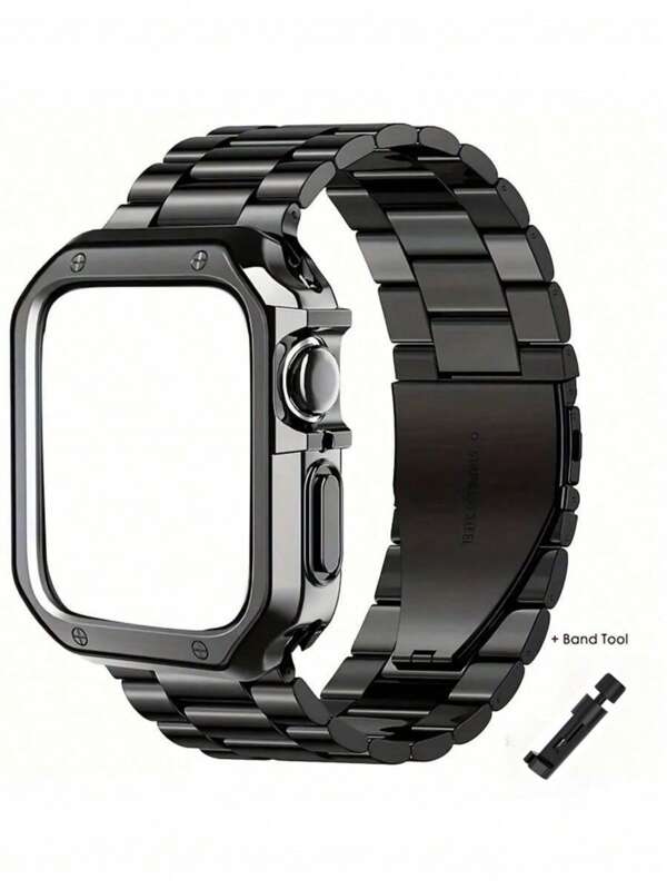 1 Set Stainless Steel Band 1/2/3/4/5/6/7/8/SE/Ultra Compatible, Gold Color, With Electroplated TPU Case And Band Tool, Integrated Case And Band, 38/40/41/42/44/45/49mm