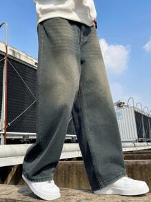 1 pieza Jeans hombre rectos y holgados con efecto desgastado y lavado vintage, pantalones vaqueros anchos y informales de estilo streetwear