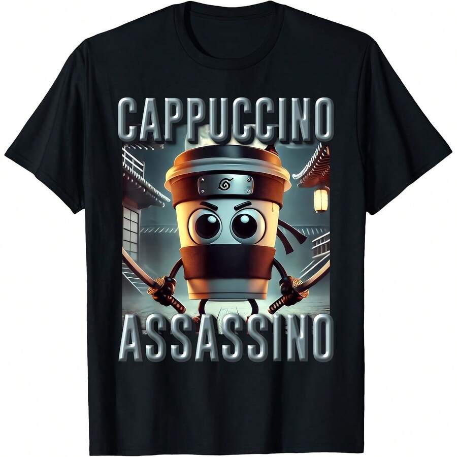 Ing Meme Brainrot Italian Cappuccino Assassino T-Shirt220g High-Quality Pure Cotton T-Shirt With Minimalist Printing, Soft And Breathable Fabric, Comfortable And Loose, Suitable For All Day Wear, Suitable For Office Casual Wear, Spring And Summer Daily Appearance, Elegant And Youthful Design - Black - View 1