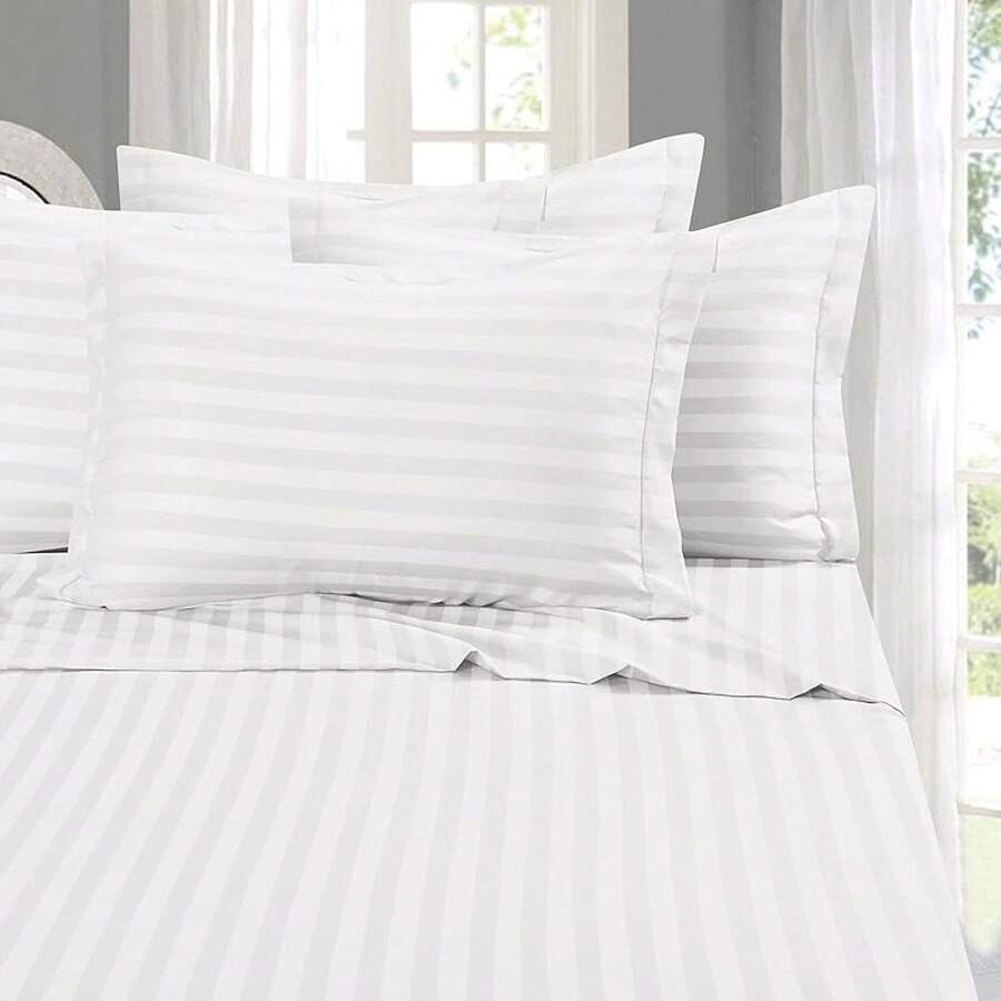 Elegant Comfort, Softest, Coziest 6-Piece Sheet Sets! 1500 Hotel Quality Luxurious Wrinkle Resistant Damask Stripe Bed Sheet Set, Black - Bedding 2025 - 白色 - 查看 1