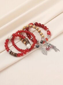 4 pièces/set Bracelet multicouche avec pendentifs en forme de feuilles de cerisier, fraises et franges en perles de verre de style bohème, convient pour les femmes au quotidien, la plage, les vacances, la remise des diplômes, en cadeau