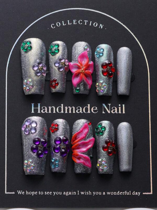 10pcs/Pack Elegant Dog Nail Sticker, Hand-Painted Sparkling Silver Base, 3D Embossed Floral Design, Rhinestone Embellishments, Luxury Handcrafted Nail Art Decals, Suitable For Ladies And Girls, Chic, Ins, Y2K Styles