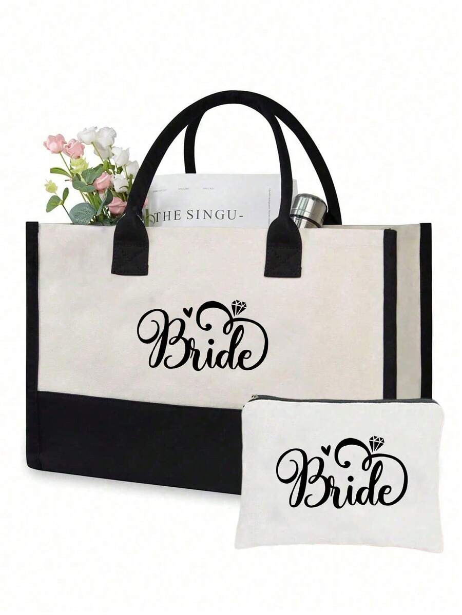 Bride Handbag And Cosmetic Bag Set, Bride Printed Zipper Makeup Bag, Personalized Bride Gift, Suitable For Wedding, Bridal Shower, Bachelorette Party, Engagement, Honeymoon, Gift For Best Friend, Bridal Memento - Multicolor - View 1