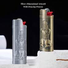 1 件/2 件金属打火机盒，3D 浮雕性感女士图案，耐用抗压防摔保护套，紧密贴合 BIC J6 打火机，是送给吸烟者、父亲、丈夫、男朋友、节日的完美礼物 - 不含打火机