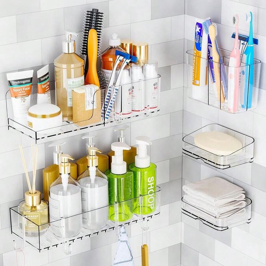 Ng Adhesive Caddy Hanging Pack Clear Acrylic Rustproof Bathroom Shees Racks For Inside Shower With Soap Dish Toothbrush Holder And Hooks Shampoo Organizer And Storage No Drilling - Multicolor - View 1