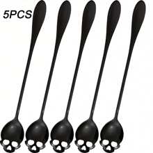 3/5pcs Skull Shaped Iced Tea Spoon Sets, Gothic Design Mixing Spoons, High Quality Stainless Steel Long Handle Spoons Suitable For Milkshakes/Smoothies/Iced Coffee, Ideal Gifts For Day Of The Dead/Christmas/Thanksgiving, Kitchen & Cafe Back To School