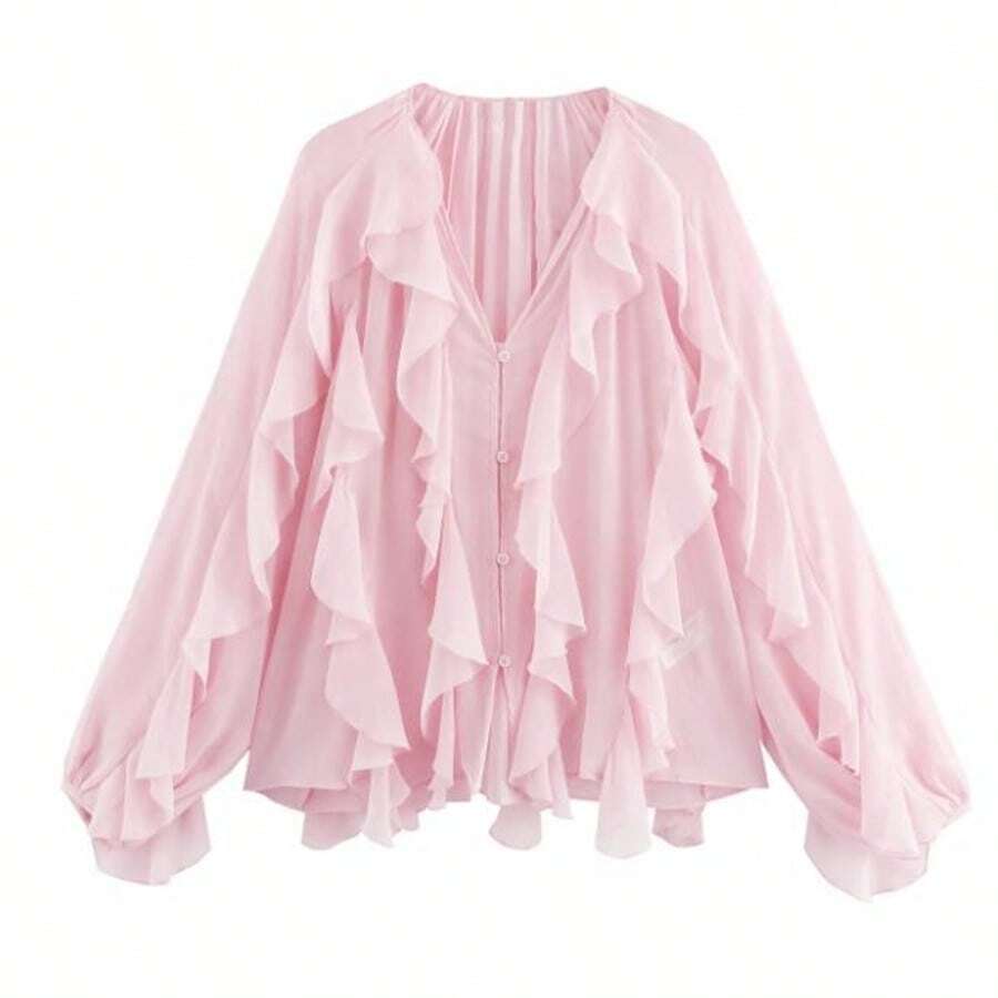 女士春季优雅V领衬衫女士宽松单排扣长袖层叠装饰衬衫