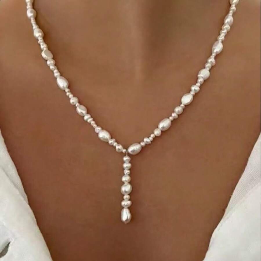 1 件优雅仿巴洛克珍珠串珠 Y 形项链，时尚独特设计，适合派对或宴会的女士珠宝 - 白色 - 查看 1