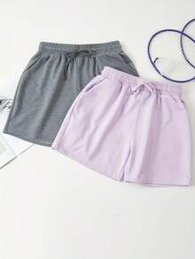 3 件套女式轻盈夏季抽绳腰短裤，带前口袋 - 休闲跑步、运动和居家穿着，灰色、淡紫色和白色