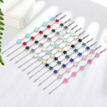 1pc Colorful Shell Inlaid Clover Charm Flower Chain Bracelet, Fashionable & Elegant For Women & Girls