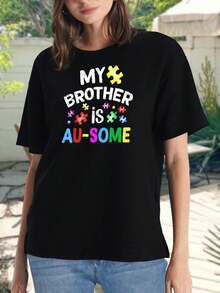 Camiseta para mujer con el texto 'Awesome Autistic Brother' - Camisetas a juego para la familia con motivo de concienciación sobre el autismo, piezas de puzle, apoyo al autismo, cuello redondo, manga corta - Negro - Ver 2